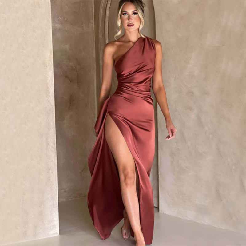 Sexy One-shoulder Backless Slit Dress Summer Elegant Slim-fit Solid Color Satin Dresses For Women - Clickitcome