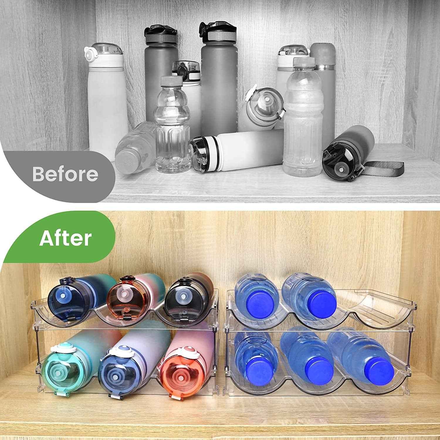 Water Bottle Organizer for Cabinet, Water Bottle Storage Organizer, 2 Packs Water Bottle Storage Rack, Water Bottle Holder for Cabinet, Stackable Water Bottle Storage Rack - Clickitcome