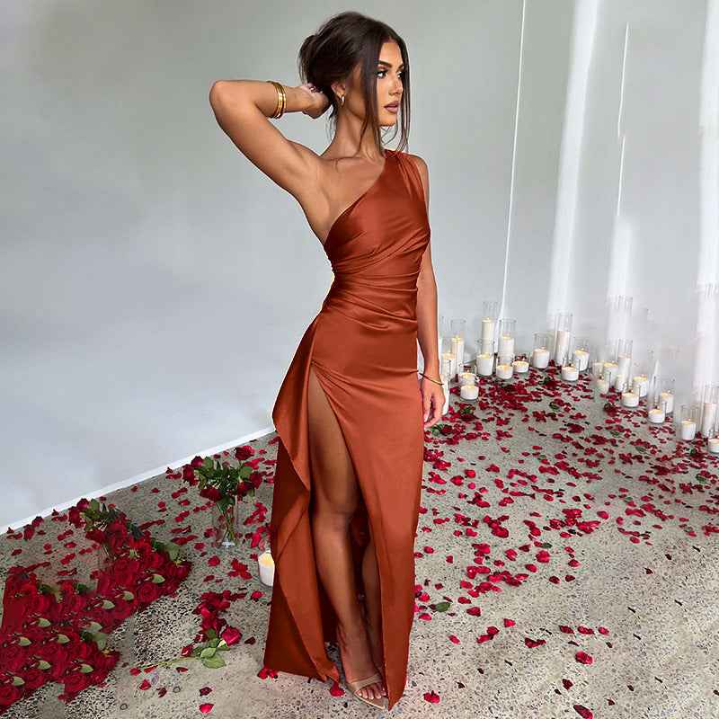 Sexy One-shoulder Backless Slit Dress Summer Elegant Slim-fit Solid Color Satin Dresses For Women - Clickitcome