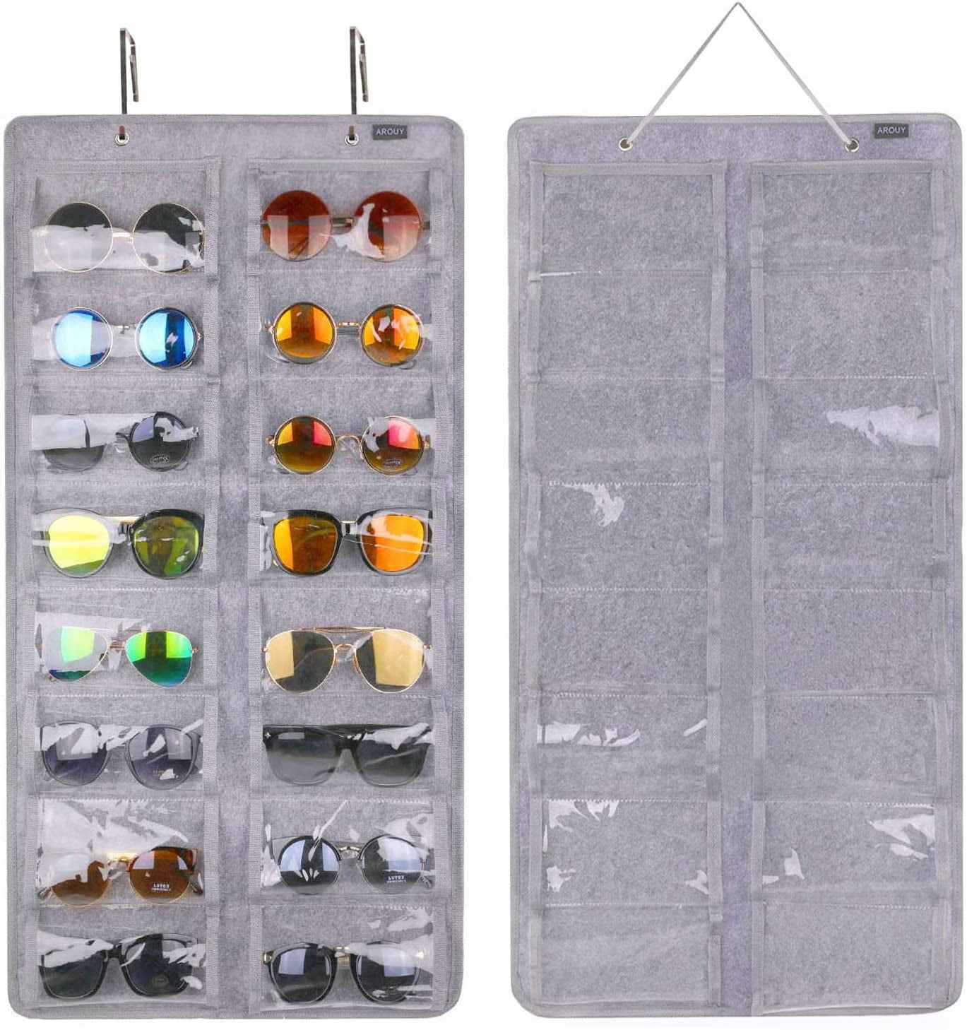 Sunglasses Organizer Storage, Hanging Dust Proof Wall Pocket Glasses Organizer - 16 Felt Slots Sunglass Organizers Holder with Metal Hook and Sturdy Rope (Gray, Dust Proof) - Clickitcome