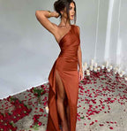 Sexy One-shoulder Backless Slit Dress Summer Elegant Slim-fit Solid Color Satin Dresses For Women - Clickitcome
