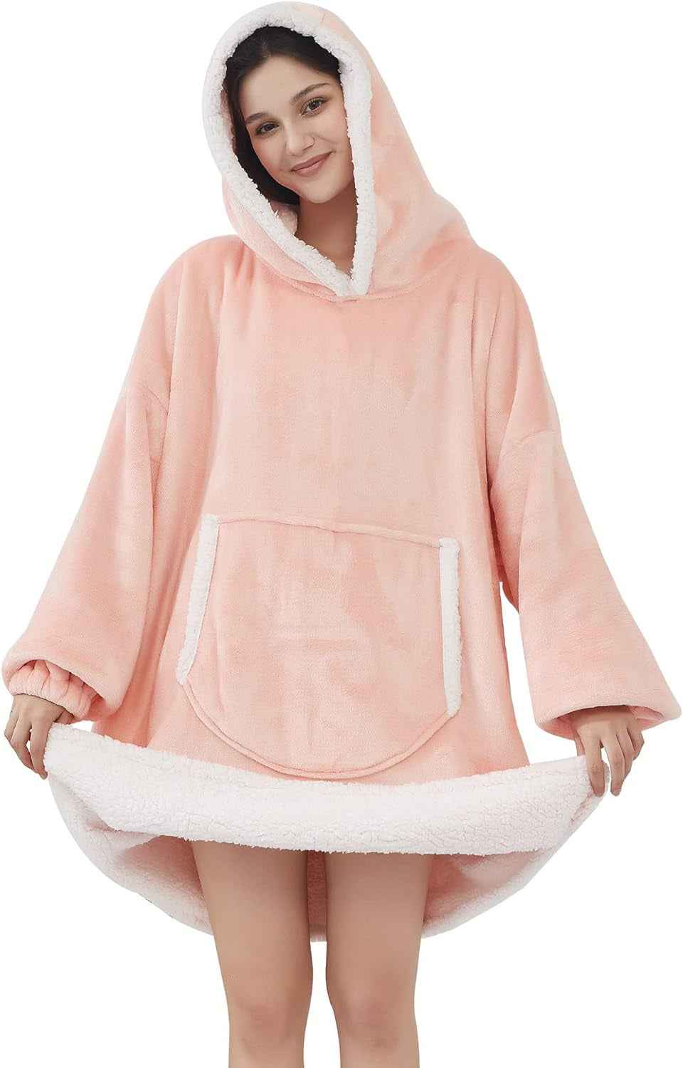 Blanket Hoodie, Oversized Sherpa Fleece Wearable Blanket for Women & Men, Super Warm and Cozy Plush Flannel Hooded Blanket, Sweatshirt Gift with Giant Pocket, One Size Fits All, Pink - Clickitcome