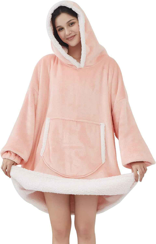 Blanket Hoodie, Oversized Sherpa Fleece Wearable Blanket for Women & Men, Super Warm and Cozy Plush Flannel Hooded Blanket, Sweatshirt Gift with Giant Pocket, One Size Fits All, Pink - Clickitcome