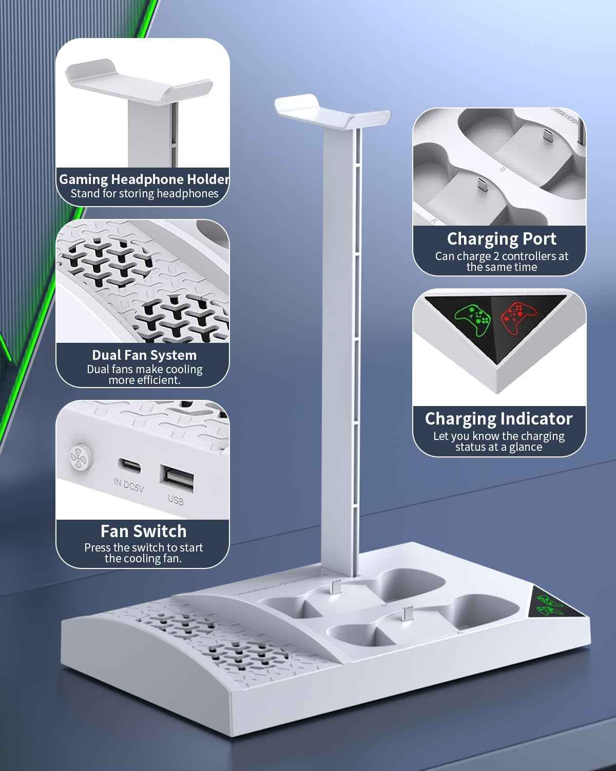 Charger Stand Cooling Fan for Xbox Series S Console/Controller,Dual Cooler System Charging Dock Accessories with 2*Rechargeable Battery,Earphone Mounts, Brackets&Stands for Xbox Series S Protectors - Clickitcome