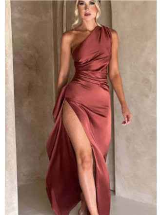 Sexy One-shoulder Backless Slit Dress Summer Elegant Slim-fit Solid Color Satin Dresses For Women - Clickitcome