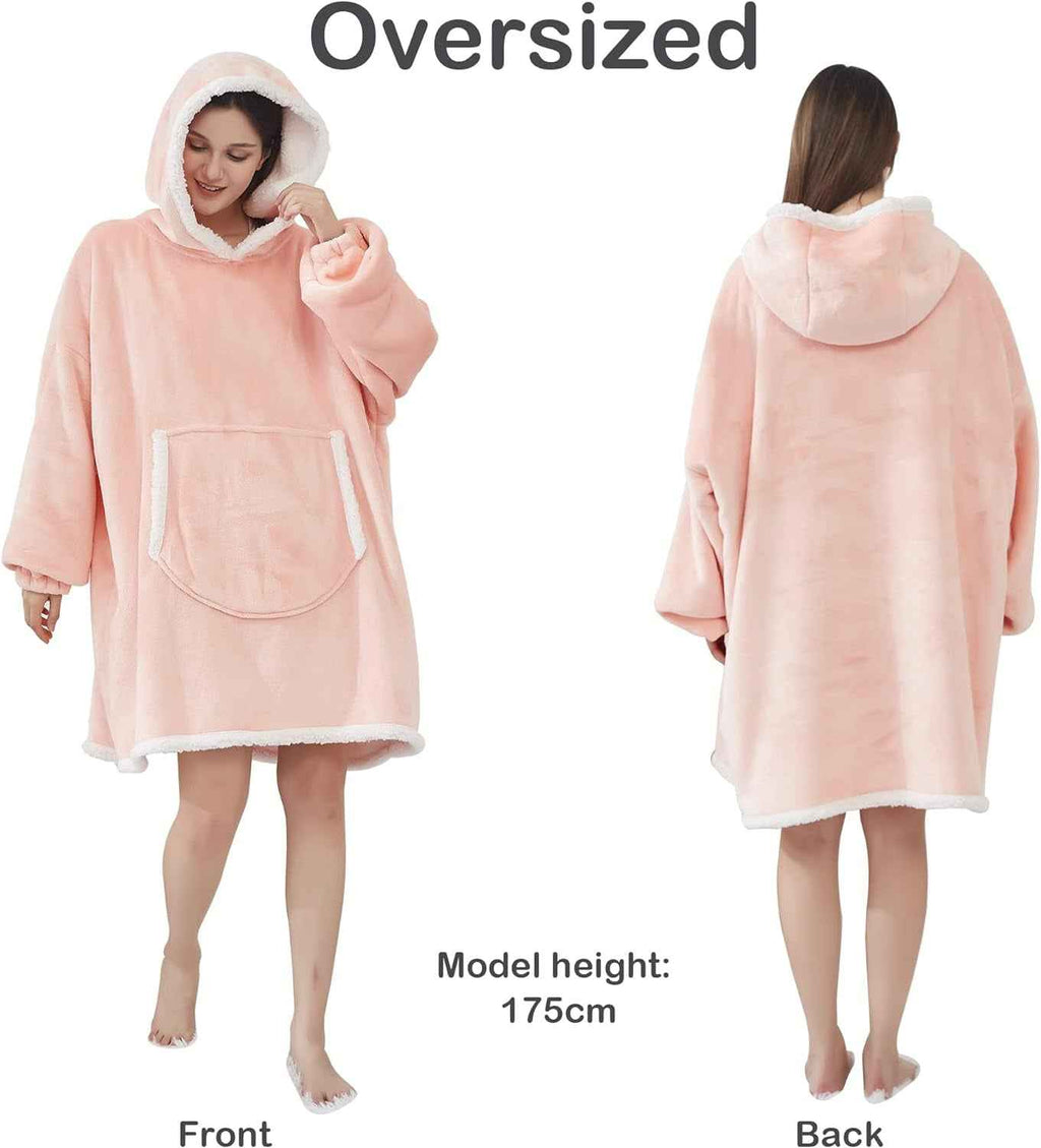Blanket Hoodie, Oversized Sherpa Fleece Wearable Blanket for Women & Men, Super Warm and Cozy Plush Flannel Hooded Blanket, Sweatshirt Gift with Giant Pocket, One Size Fits All, Pink - Clickitcome