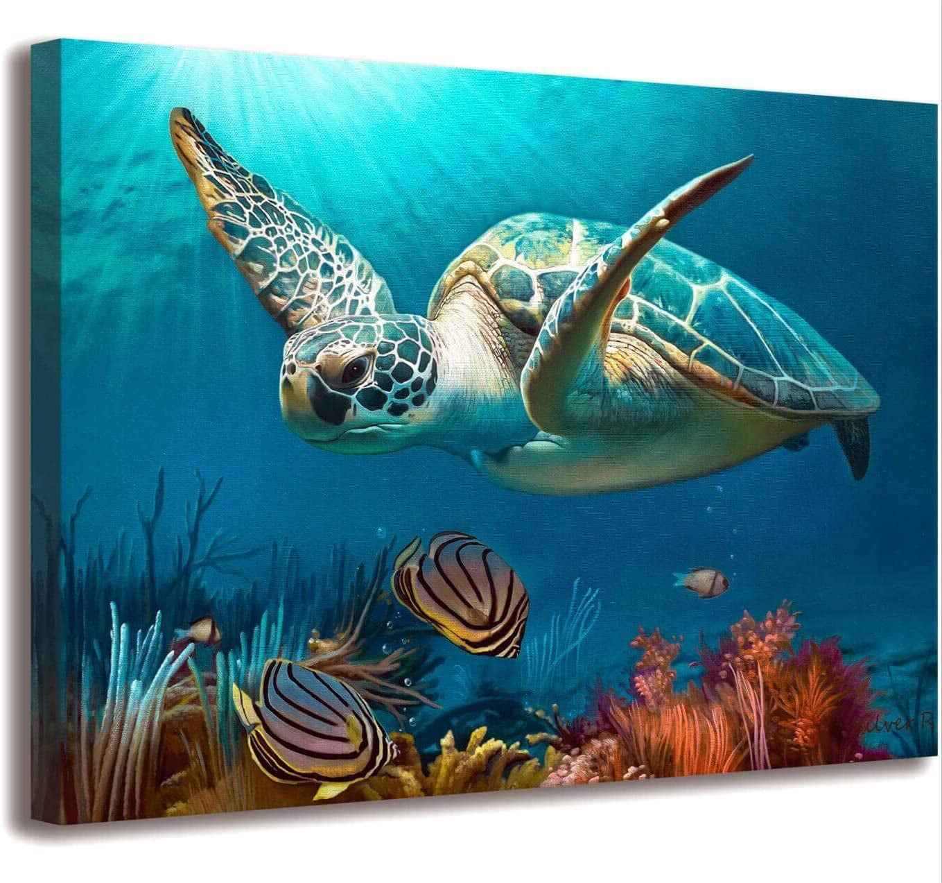 Sea Turtle Ocean Life Canvas Wall Art, Underwater Coral Reef Scene, Marine Life Home Decor - Clickitcome