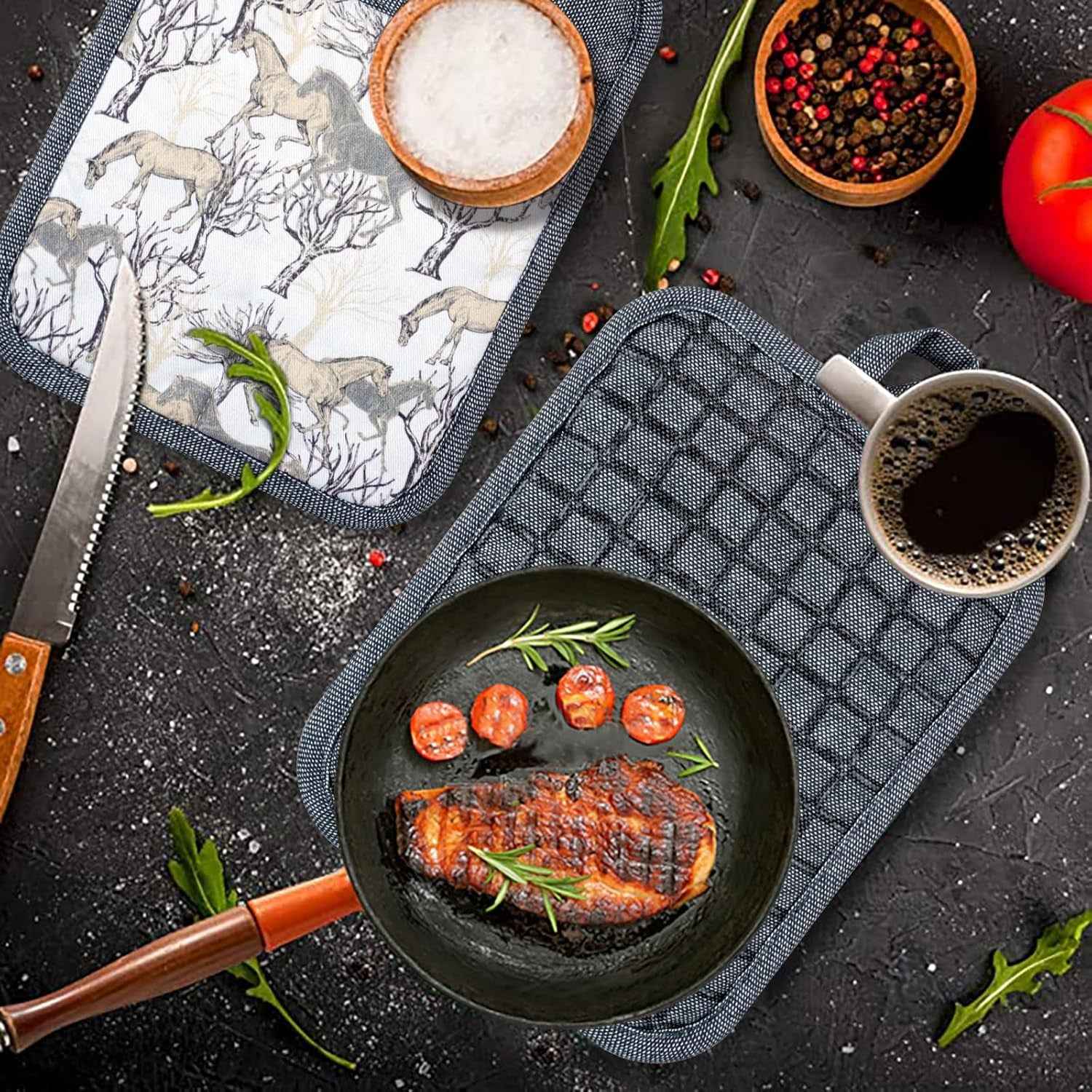 Pot Holders Set of 3 Silicone Printing Non Slip Heat Resistant, Yarm-Dyed Hot Pads Cotton Home Kitchen Cooking Barbecue Microwave Women Men Machine Washable BBQ Grilling. (Gray Potholders) - Clickitcome