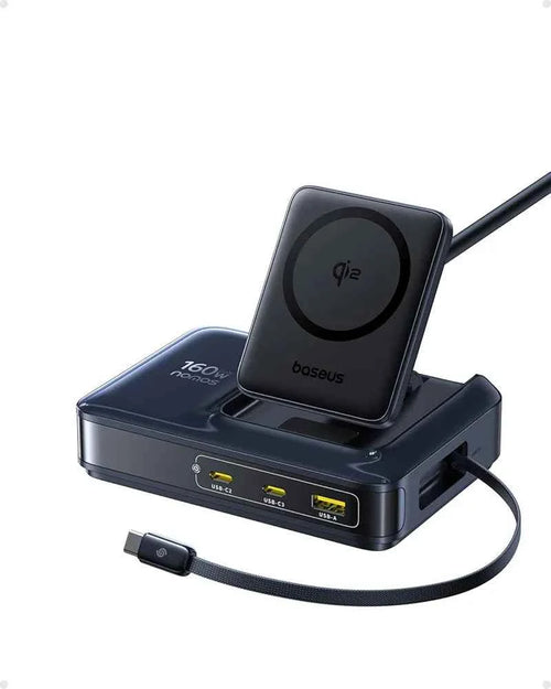 Baseus Nomos Charging Station 160W, 5-in-1 USB-C Power Strip, Qi2 Certified 15W Magnetic Wireless Charger with 100W Retractable Cable, 3 USB-C, 1 USB-A Desktop Charger for MacBook, iPad Pro, iPhone 17 - Clickitcome