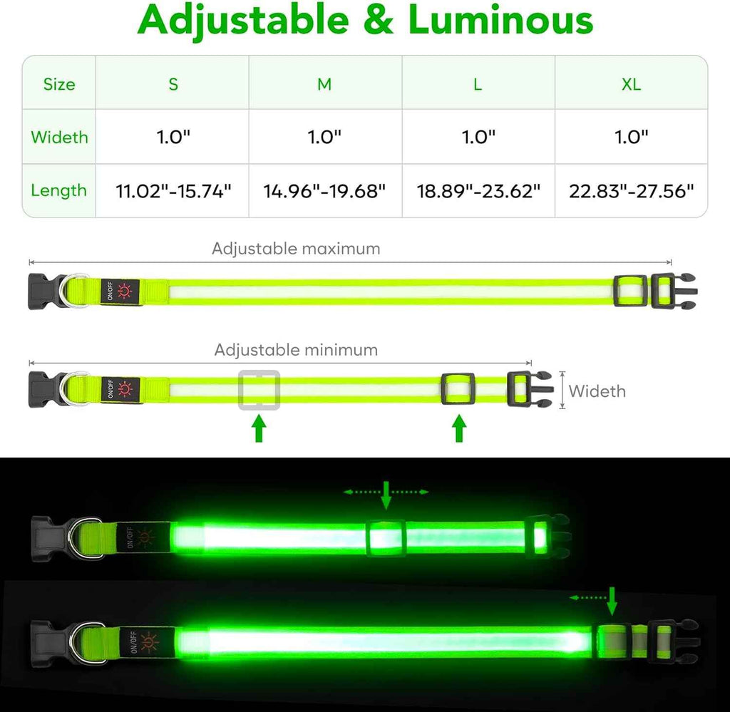 LED Dog Collar, Light up Dog Collar Adjustable USB Rechargeable Super Bright Safety Light Glowing Collars for Dog(Small,Green) - Clickitcome