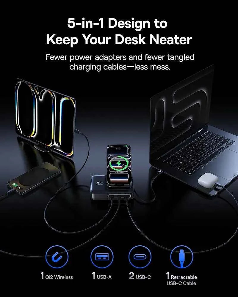 Baseus Nomos Charging Station 160W, 5-in-1 USB-C Power Strip, Qi2 Certified 15W Magnetic Wireless Charger with 100W Retractable Cable, 3 USB-C, 1 USB-A Desktop Charger for MacBook, iPad Pro, iPhone 17 - Clickitcome