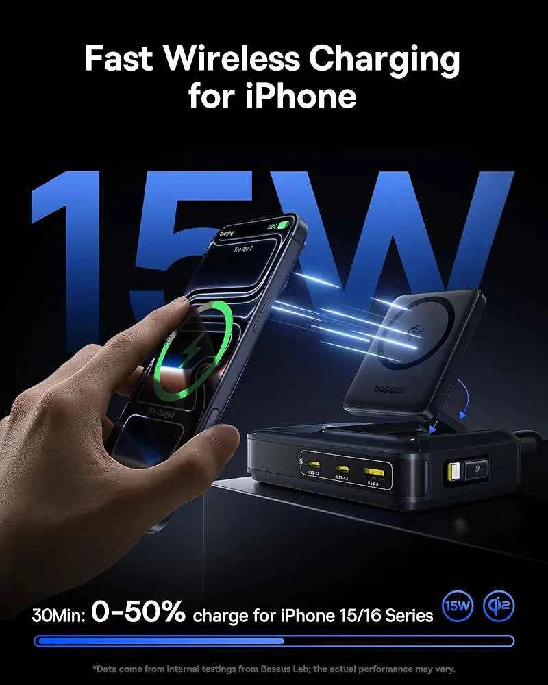 Baseus Nomos Charging Station 160W, 5-in-1 USB-C Power Strip, Qi2 Certified 15W Magnetic Wireless Charger with 100W Retractable Cable, 3 USB-C, 1 USB-A Desktop Charger for MacBook, iPad Pro, iPhone 17 - Clickitcome