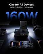 Baseus Nomos Charging Station 160W, 5-in-1 USB-C Power Strip, Qi2 Certified 15W Magnetic Wireless Charger with 100W Retractable Cable, 3 USB-C, 1 USB-A Desktop Charger for MacBook, iPad Pro, iPhone 17 - Clickitcome