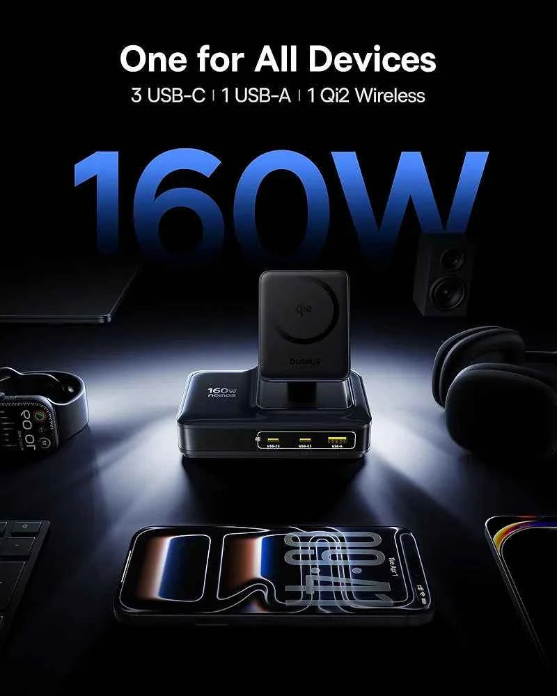 Baseus Nomos Charging Station 160W, 5-in-1 USB-C Power Strip, Qi2 Certified 15W Magnetic Wireless Charger with 100W Retractable Cable, 3 USB-C, 1 USB-A Desktop Charger for MacBook, iPad Pro, iPhone 17 - Clickitcome