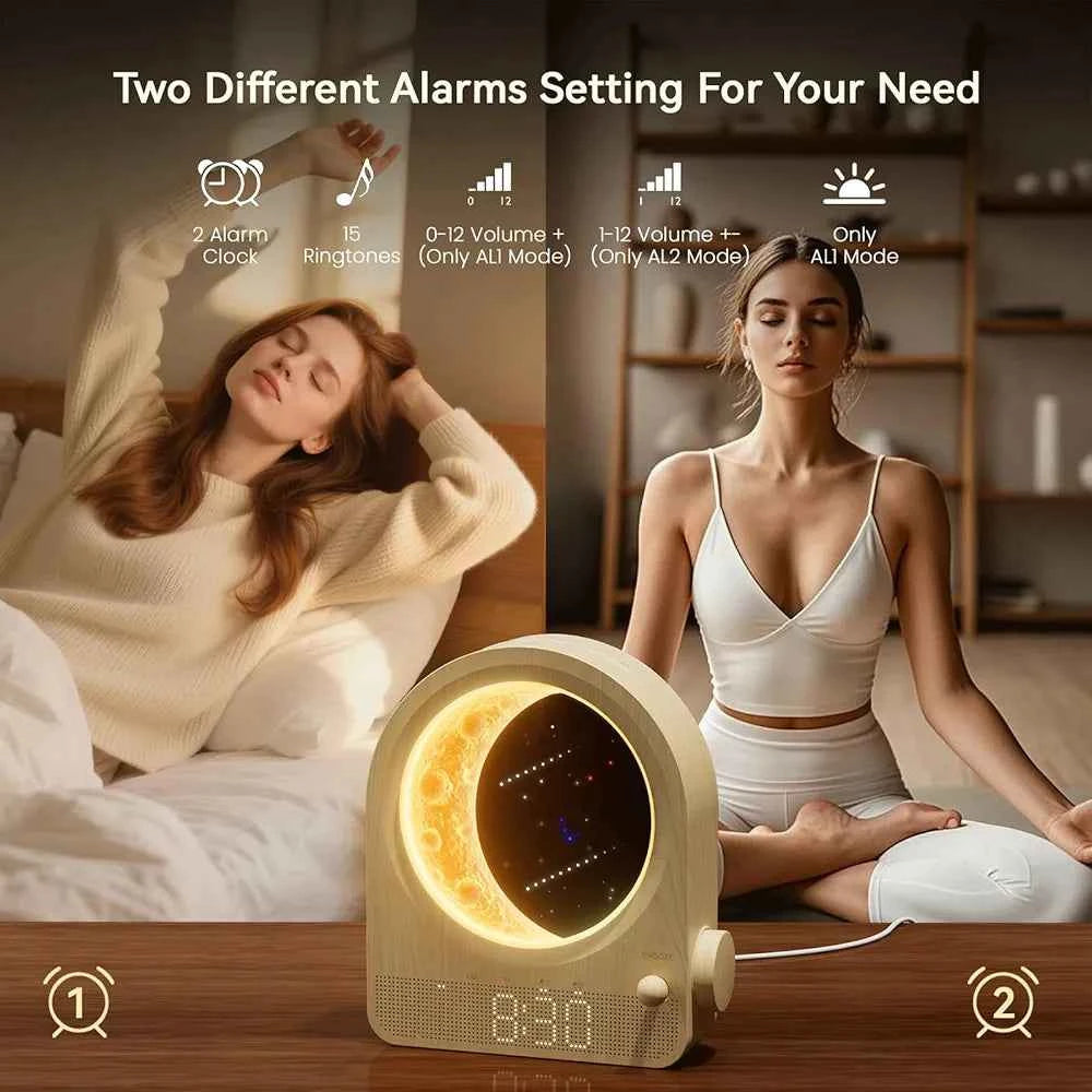 Sunrise Alarm Clocks for Bedrooms,Dual Alarm Clock Wake Up Light,Stepless Dimmable Moon Lamp with Meteor, 30/60/90min Timer with 10 White Noise Sounds,Touch Bedside Lamp Night Light for Kids - Clickitcome