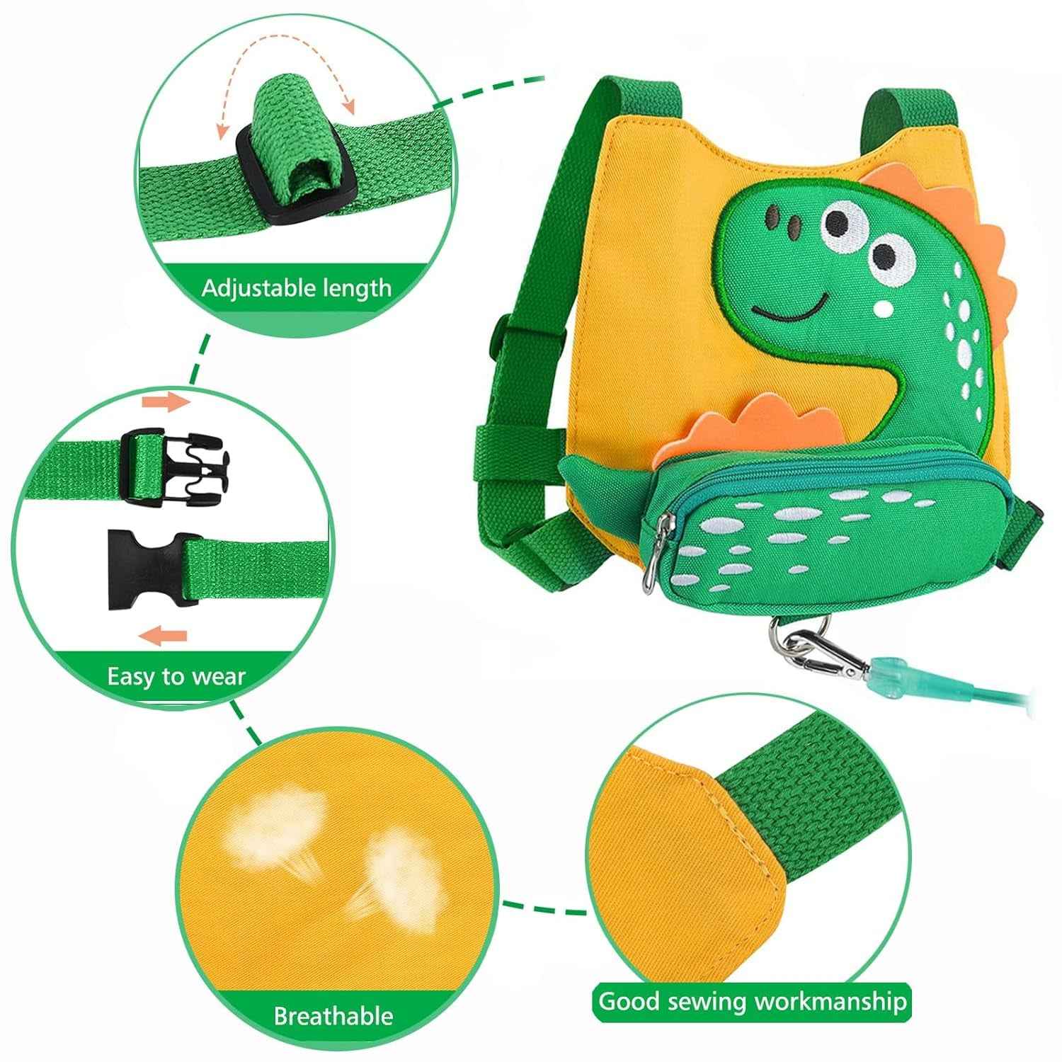 Toddler Harness Leash with anti Lost Wrist Link, Cute Dinosaur Kids Harnesses with Wristband Bracelet Leashes Strap Tether for Baby Boys Walking (Yellow) - Clickitcome