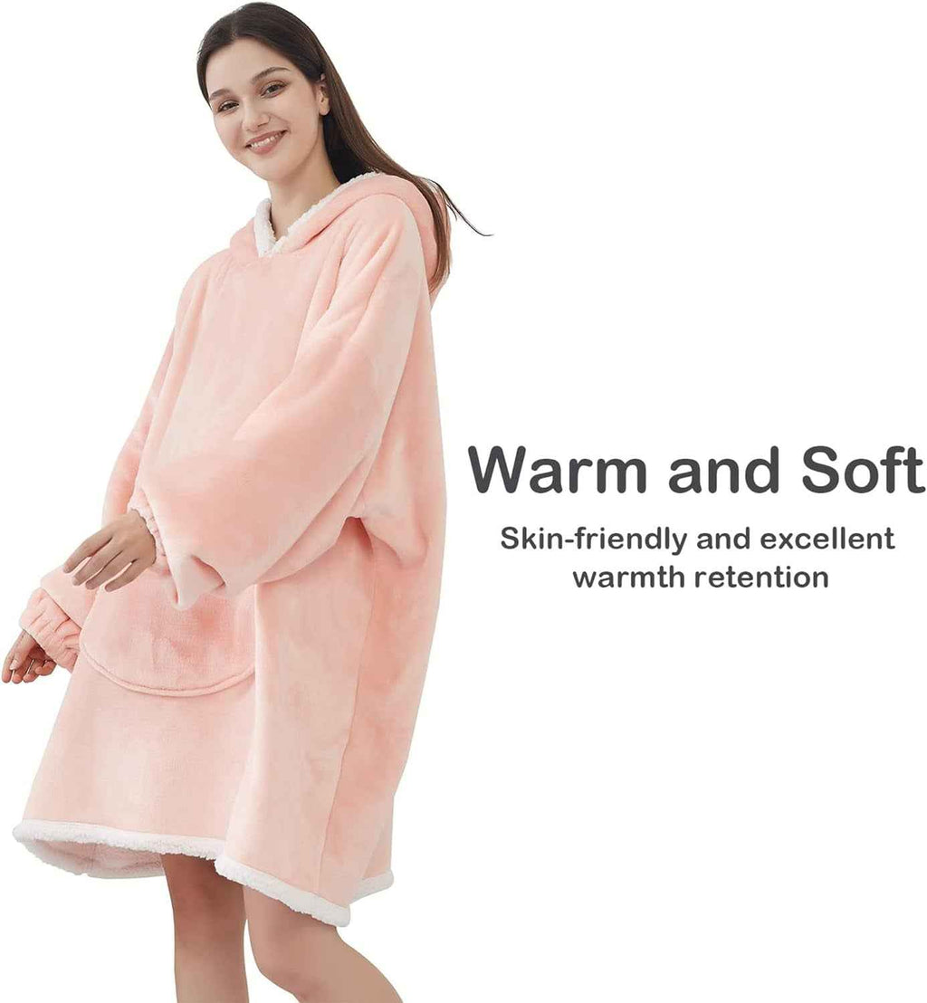 Blanket Hoodie, Oversized Sherpa Fleece Wearable Blanket for Women & Men, Super Warm and Cozy Plush Flannel Hooded Blanket, Sweatshirt Gift with Giant Pocket, One Size Fits All, Pink - Clickitcome