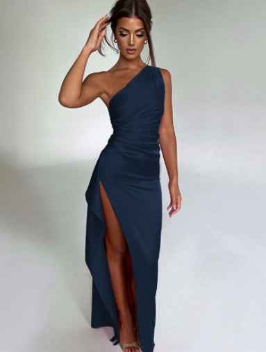 Sexy One-shoulder Backless Slit Dress Summer Elegant Slim-fit Solid Color Satin Dresses For Women - Clickitcome