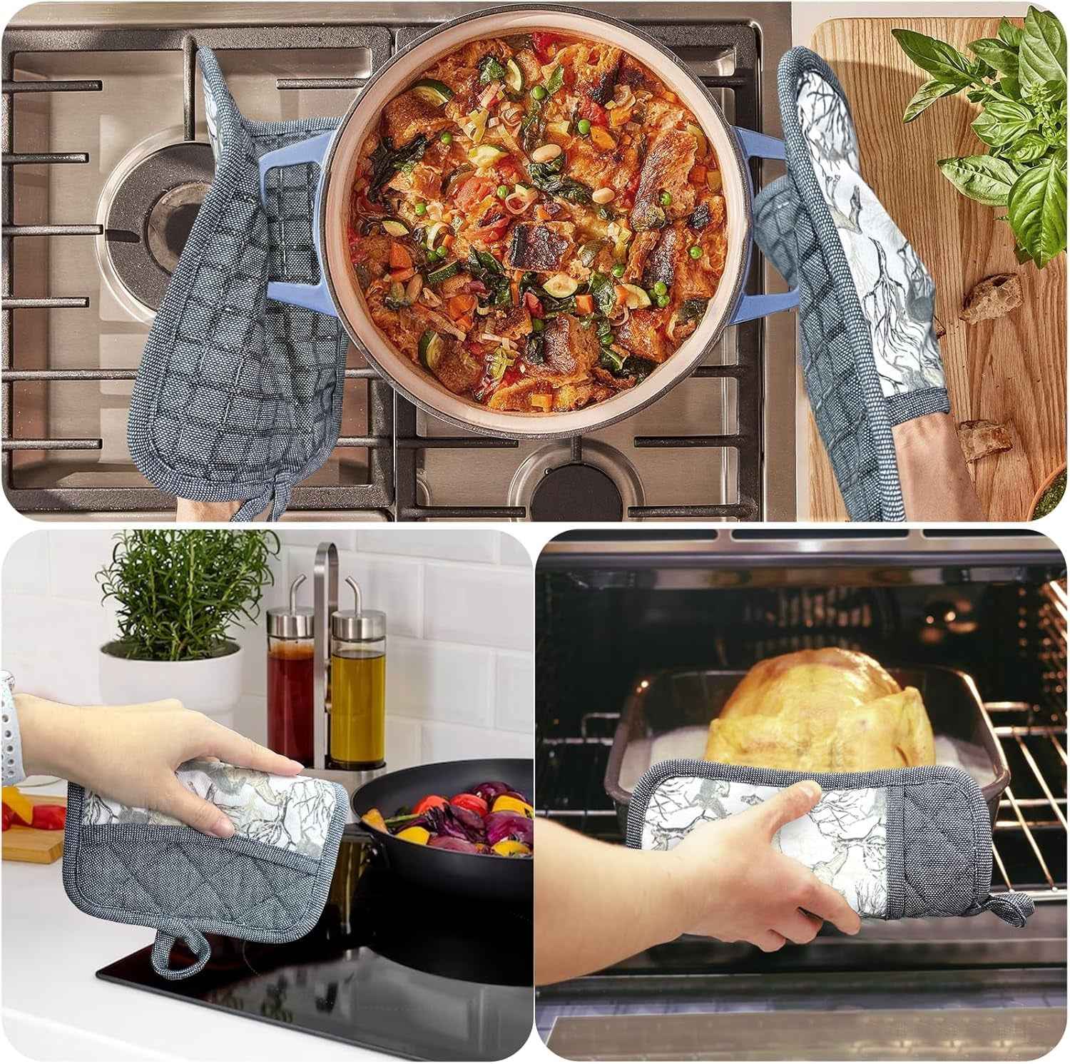 Pot Holders Set of 3 Silicone Printing Non Slip Heat Resistant, Yarm-Dyed Hot Pads Cotton Home Kitchen Cooking Barbecue Microwave Women Men Machine Washable BBQ Grilling. (Gray Potholders) - Clickitcome