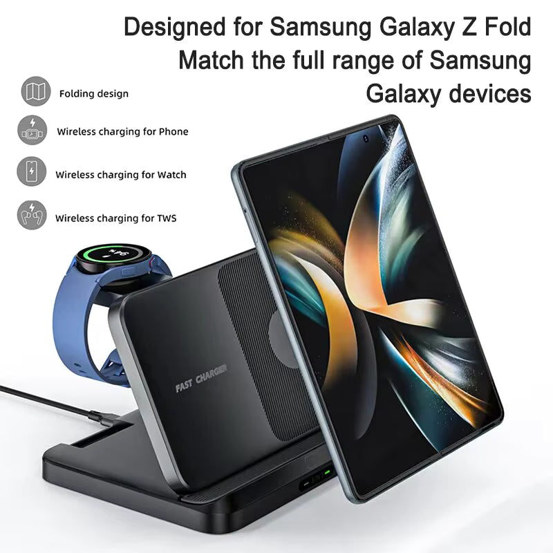 Foldable Wireless Charger Stand for Samsung Galaxy Z Fold 5 4 3 S23 Ultra Fast Charging Dock Station for Galaxy Watch 6 5 Buds2 - Clickitcome