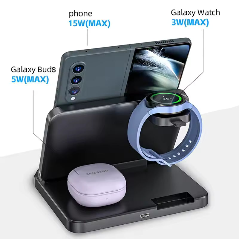 Foldable Wireless Charger Stand for Samsung Galaxy Z Fold 5 4 3 S23 Ultra Fast Charging Dock Station for Galaxy Watch 6 5 Buds2 - Clickitcome