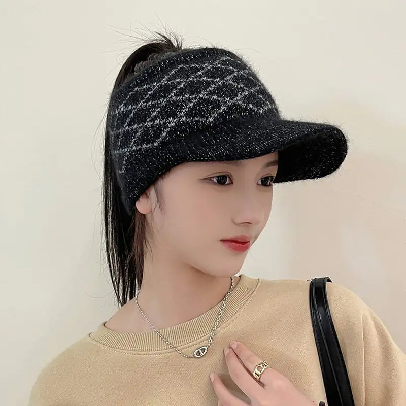Women's Warm Wool Hat with Simple Plaid Design