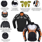 MOTORCYCLE JACKET MENS CE ARMORED BIKERS RIDING RACING WATERPROOF ALL SEASON JACKET (ORANGE, X-LARGE) - Clickitcome