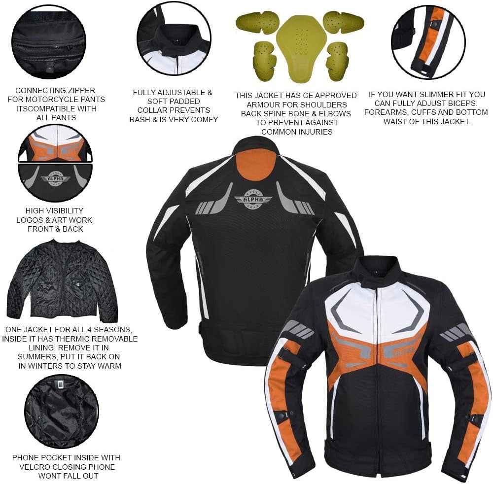 MOTORCYCLE JACKET MENS CE ARMORED BIKERS RIDING RACING WATERPROOF ALL SEASON JACKET (ORANGE, X-LARGE) - Clickitcome