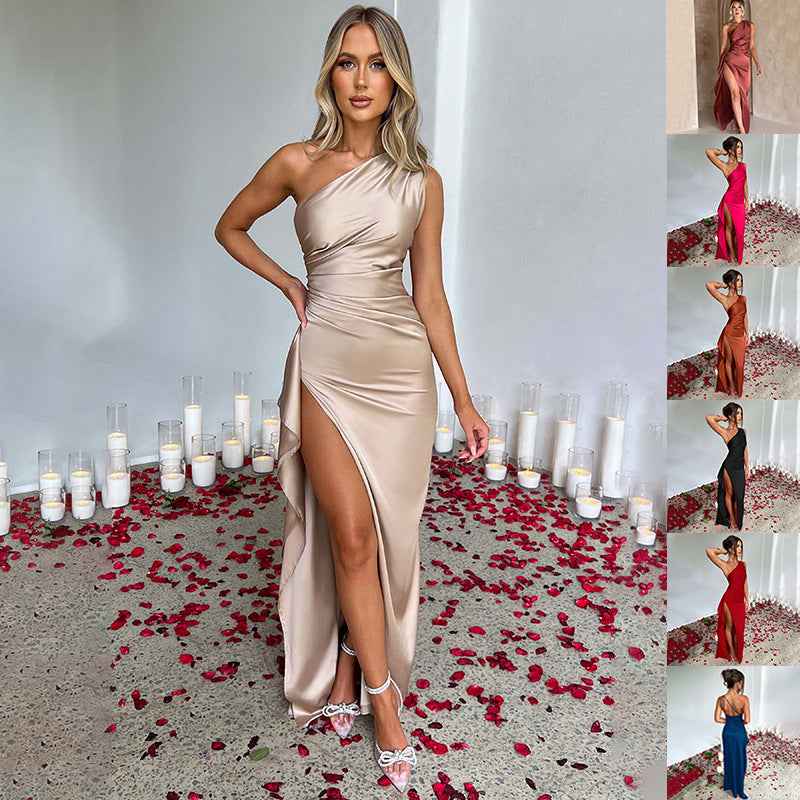 Sexy One-shoulder Backless Slit Dress Summer Elegant Slim-fit Solid Color Satin Dresses For Women - Clickitcome