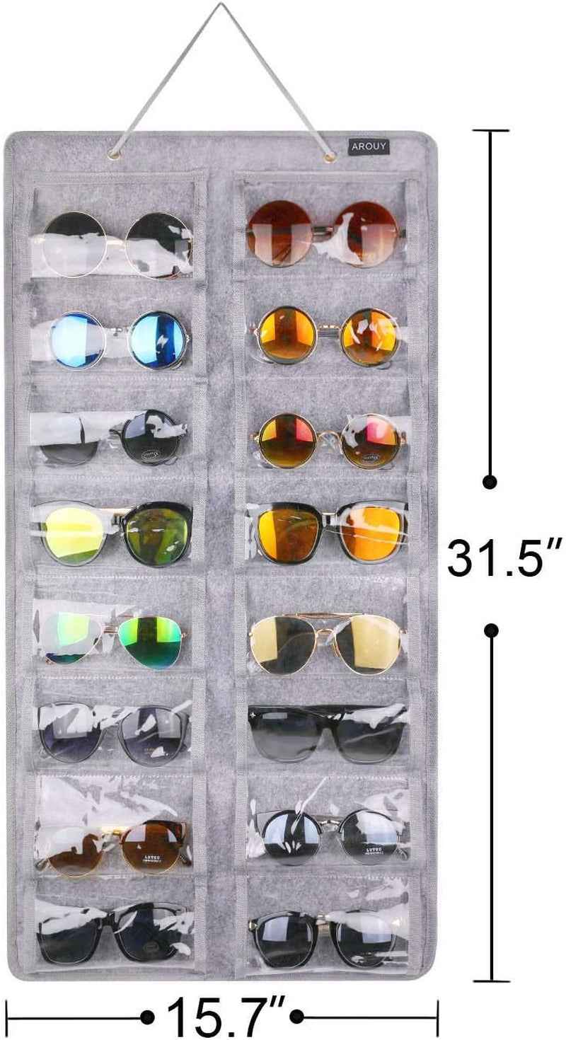 Sunglasses Organizer Storage, Hanging Dust Proof Wall Pocket Glasses Organizer - 16 Felt Slots Sunglass Organizers Holder with Metal Hook and Sturdy Rope (Gray, Dust Proof) - Clickitcome