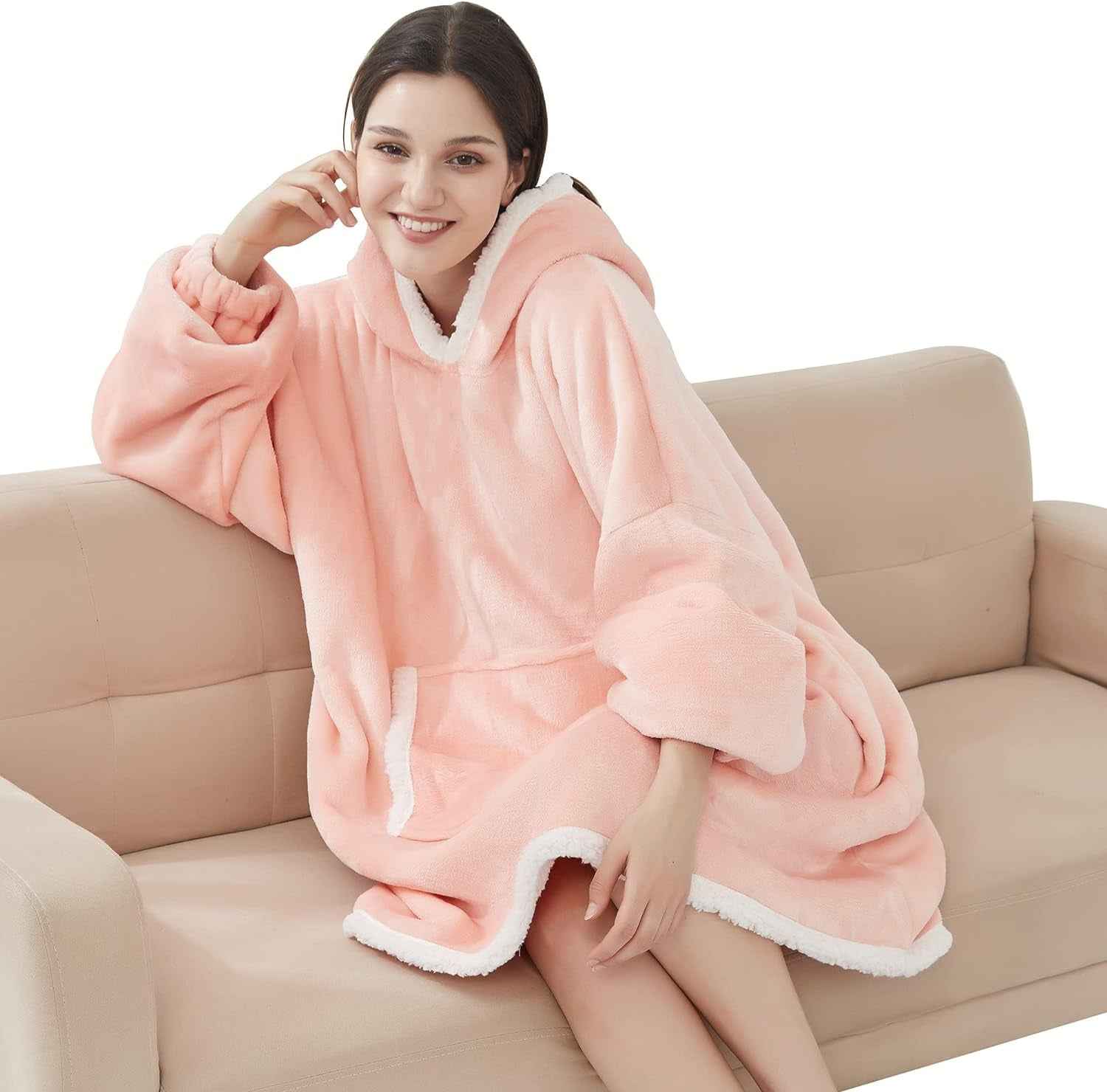 Blanket Hoodie, Oversized Sherpa Fleece Wearable Blanket for Women & Men, Super Warm and Cozy Plush Flannel Hooded Blanket, Sweatshirt Gift with Giant Pocket, One Size Fits All, Pink - Clickitcome