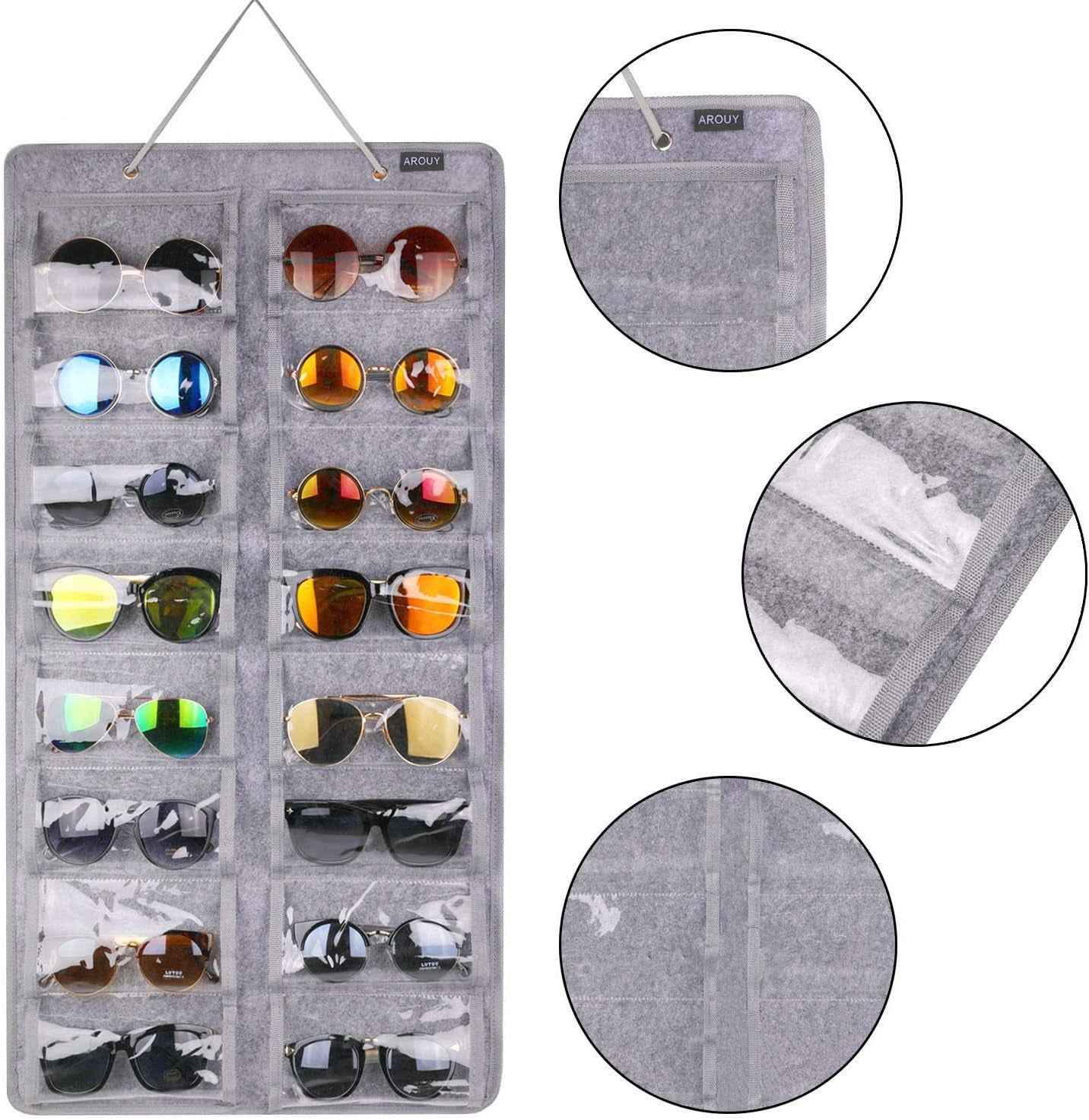 Sunglasses Organizer Storage, Hanging Dust Proof Wall Pocket Glasses Organizer - 16 Felt Slots Sunglass Organizers Holder with Metal Hook and Sturdy Rope (Gray, Dust Proof) - Clickitcome