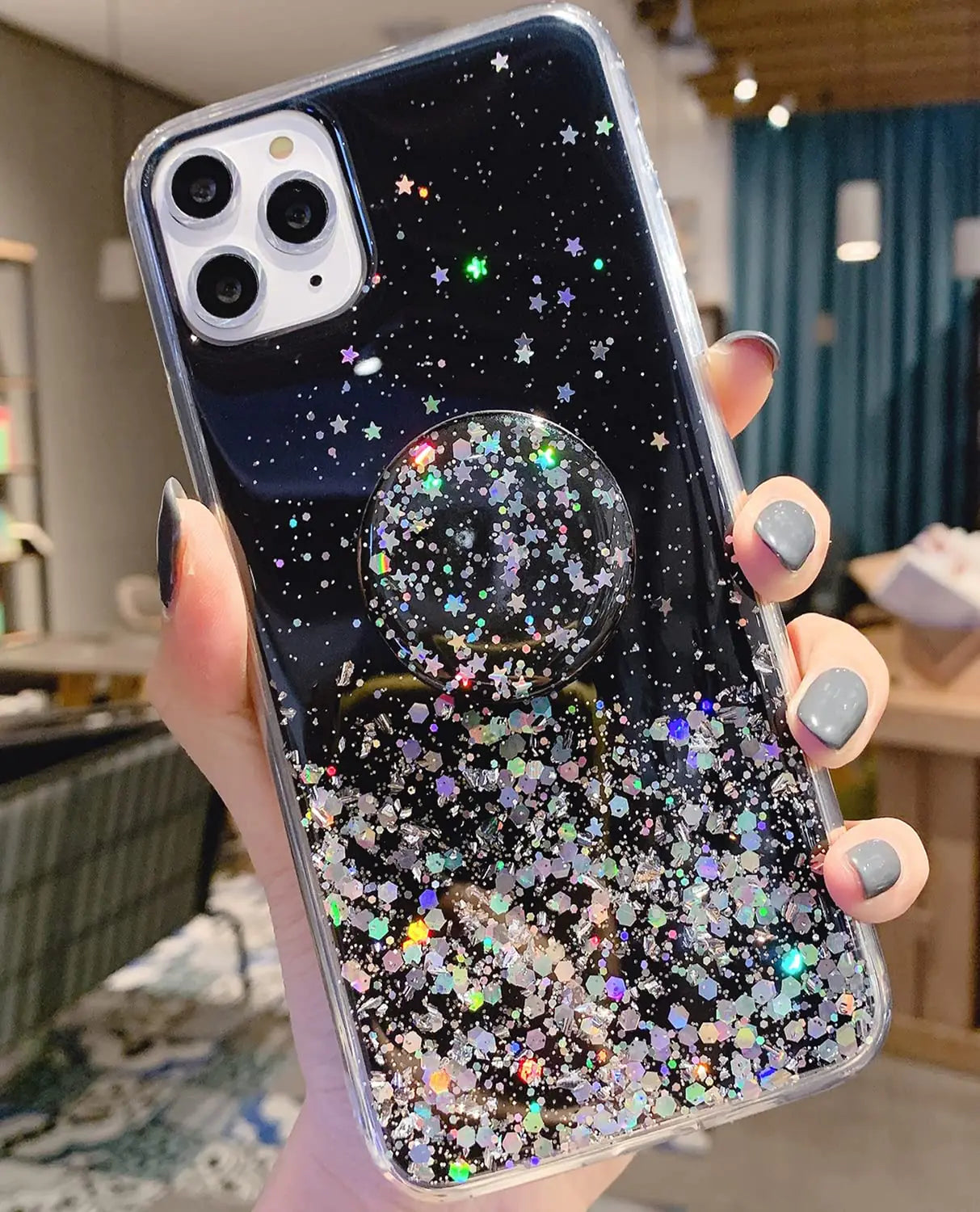 Winzizo Designed for iPhone 12 Case/iPhone 12 Pro Case Women Girls Glitter Sparkle Bling Cute Cases with Ring Kickstand Soft Phone Protective Shell Phone Cover for iPhone 12/12 Pro 6.1 inch (Black)