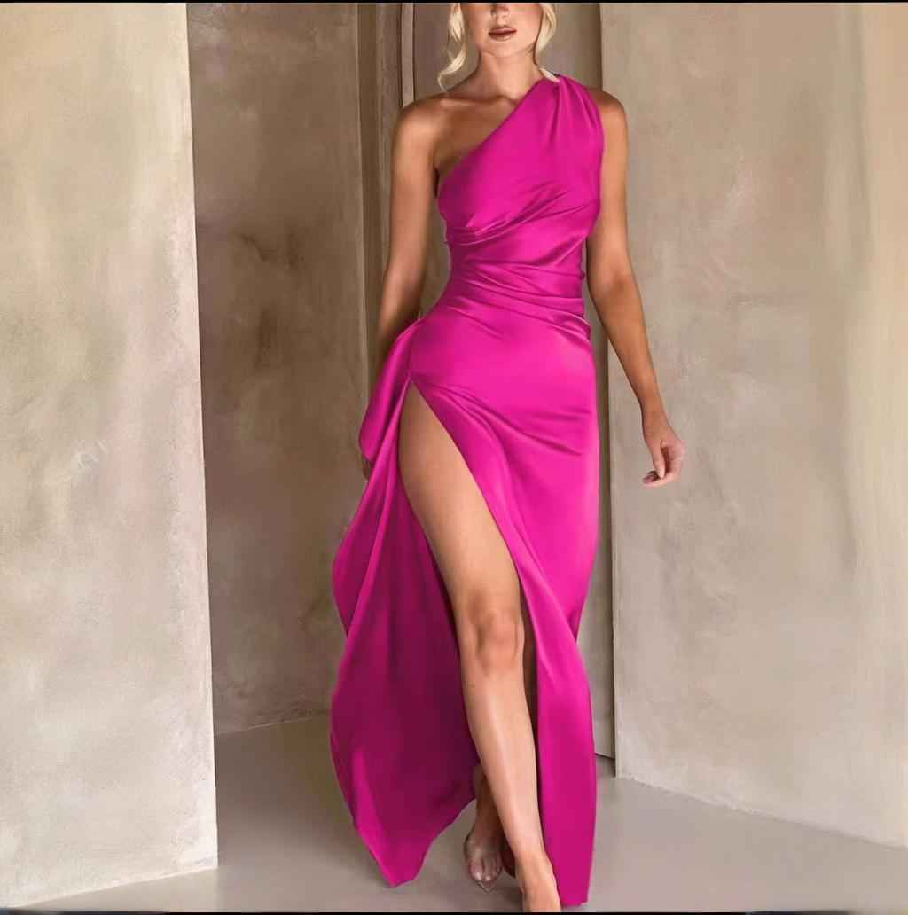 Sexy One-shoulder Backless Slit Dress Summer Elegant Slim-fit Solid Color Satin Dresses For Women - Clickitcome