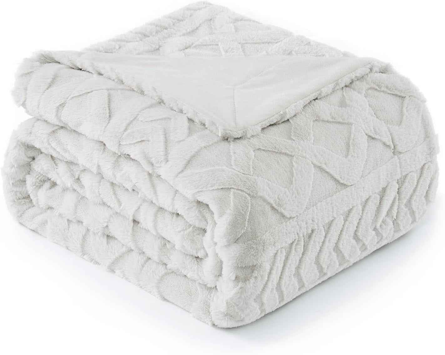 Faux Fur Throw Blanket for Couch, Jacquard Fuzzy Plush Soft Thick Winter Throw Blanket for Sofa Bed Living Room Bedroom，60"X80" Beige - Clickitcome