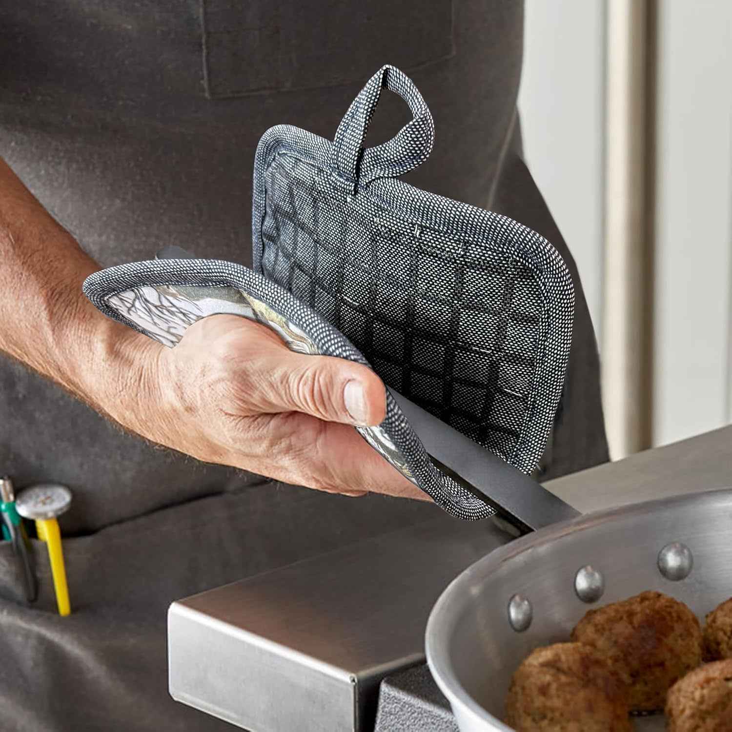 Pot Holders Set of 3 Silicone Printing Non Slip Heat Resistant, Yarm-Dyed Hot Pads Cotton Home Kitchen Cooking Barbecue Microwave Women Men Machine Washable BBQ Grilling. (Gray Potholders) - Clickitcome